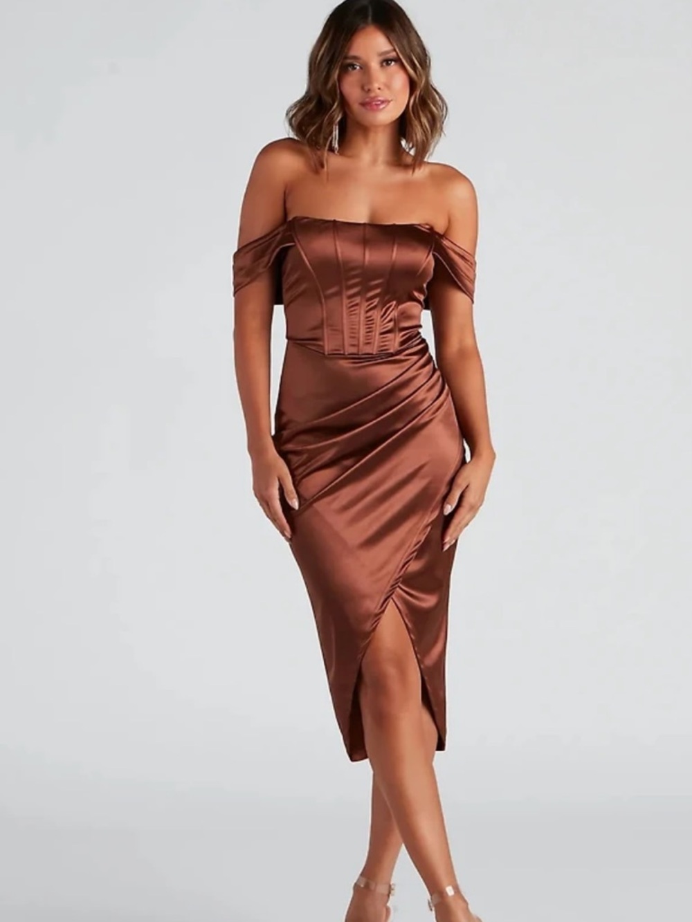 Windsor Brown Satin Ruched Off Shoulder Midi Bodycon Dress (L)